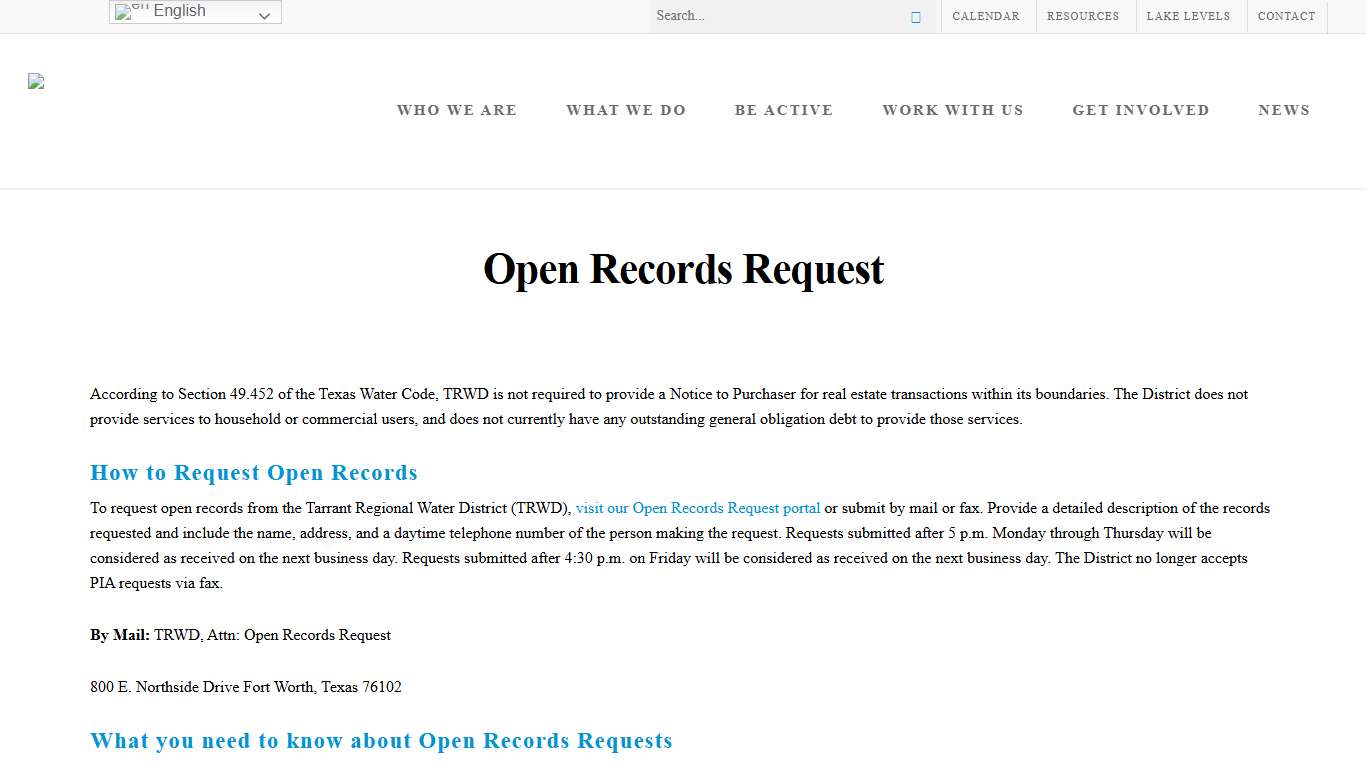 Open Records Request – Tarrant Regional Water District